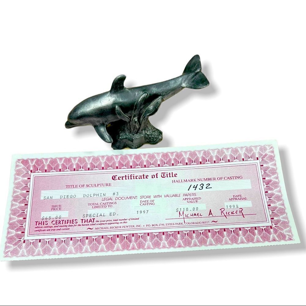 MICHAEL A. RICKER Swimming Dolphins #3 Signed Pewter Figure Ocean | Certified